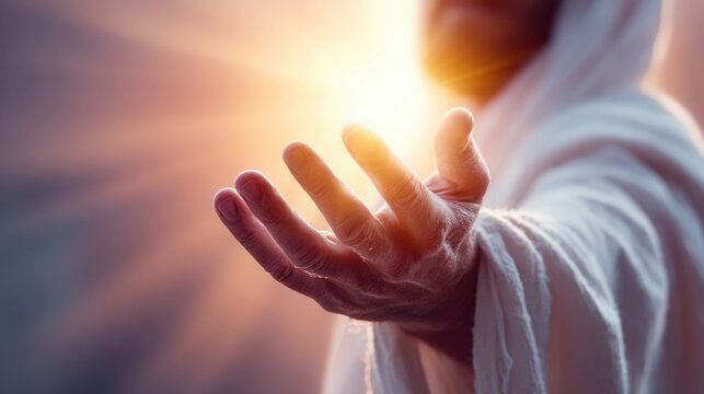 Jesus Christ extends his hand in a gesture of divine blessing and hope with a radiant light