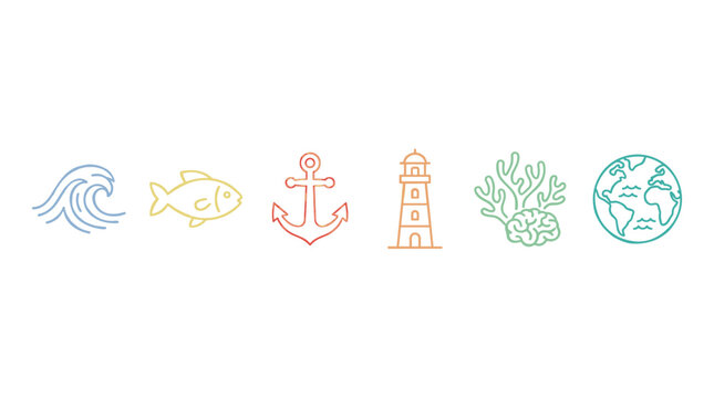 Wave fish anchor lighthouse coral earth icons representing diverse marine life, nautical elements, and global environmental themes in a vibrant line art style.