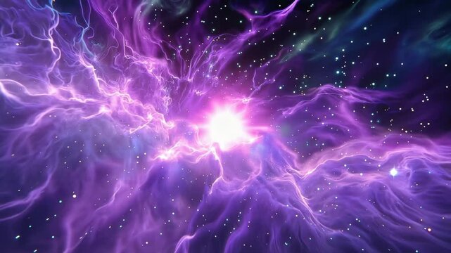 Vibrant purple nebula swirls through deep space showcasing brilliant cosmic gas clouds and twinkling distant stars across the vast universe