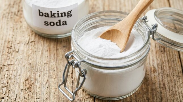 Glass jar filled with white baking soda and wooden scoop, showing freshness and kitchen staple
