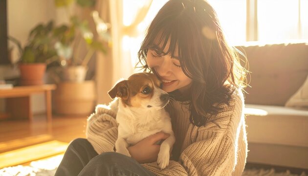 夕陽のリビングで愛犬と寄り添う日本人女性