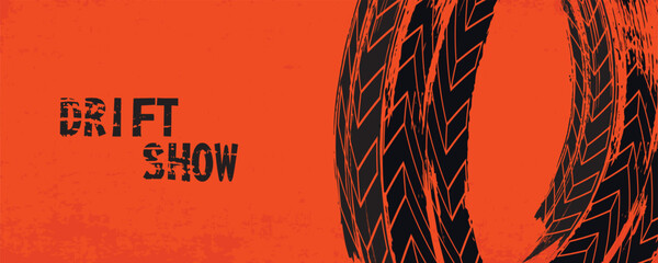 Bright orange grungy background with abstract tire tracks for your drift show, rally, racing, car, off-road design - vector illustration © achtopik