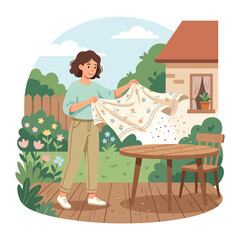 Obraz premium Woman Hanging Laundry on Deck.
