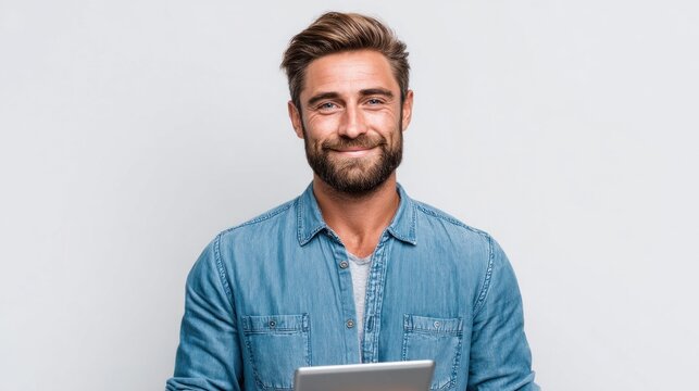 Smiling man with beard holding a tablet computer, looking at the camera