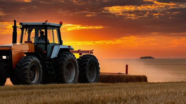 Golden Harvest: A tractor works in a field at sunset, the sky ablaze with fiery orange and yellow hues, creating a picturesque rural scene of agricultural endeavor.