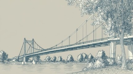 Fototapeta premium Architectural illustration showing a suspension bridge outline from a low-angle viewpoint