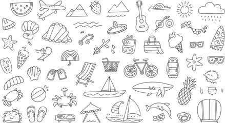 Obraz premium Summer and Travel Line Icon Set with Beach, Vacation, Sea, Food, Sports, and Adventure Illustrations for Fun, Holiday, and Outdoor Designs