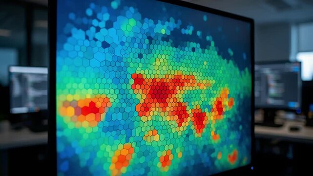 Medium shot of workload heatmap on AIpowered claim system vibrant colors on heat zones in sharp focus with surrounding UI panels faded out