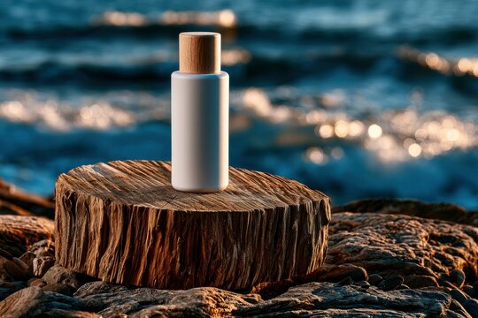 White cosmetic bottle on wood stump at rocky shore with golden hour bokeh for organic skincare marketing