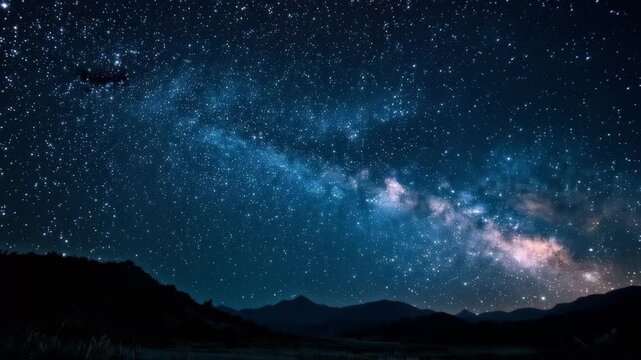 Majestic Milky Way galaxy streaking across a dark night sky above silhouetted mountains, a breathtaking cosmic display in the wilderness at midnight