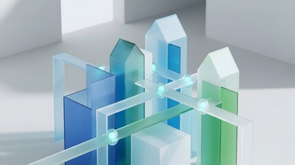 Fototapeta premium Abstract futuristic glass city infrastructure with glowing light nodes