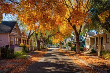 Fototapeta premium Autumn on a tree-lined street: tall sweetgum trees flanking a historic neighborhood with vintage homes