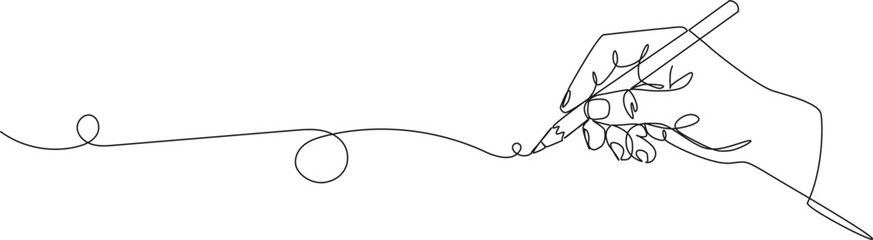 Obraz premium continuous line drawing of a hand holding a pencil and drawing a line, minimalist creative concept line art vector illustration