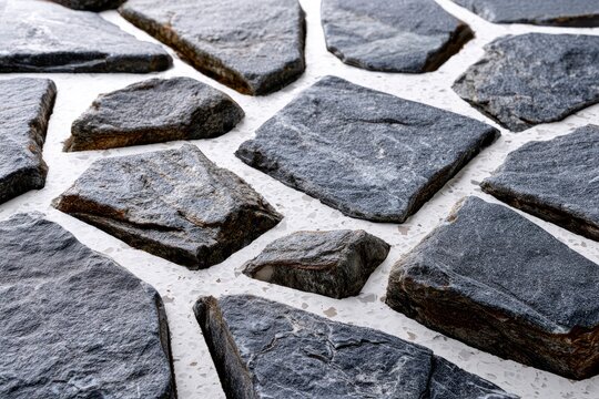 Dark slate flagstone tiles interlocked with white mortar in a macro pavement texture for architectural design marketing