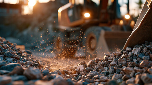 Heavy machinery removing gravel aggregate in a quarry, dusty industrial scene with rough textures and photorealistic premium commercial mood
