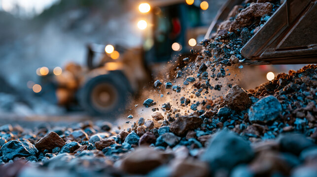 Photorealistic quarry extraction with heavy machinery removing aggregate from gravel floor, dust and rough texture, strong industrial mood