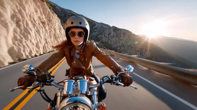 Biker's Freedom Ride: A confident woman in a helmet and leather jacket rides a motorcycle on a scenic mountain road, embracing the thrill of adventure and the open highway.