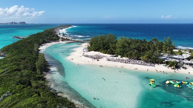 Blue Lagoon Island At Nassau In New Providence Bahamas. Beach Landscape. Shades Of Blue Watercolor. Travel Destination. Blue Lagoon Island In Nassau In New Providence Bahamas. Nature Seascape.