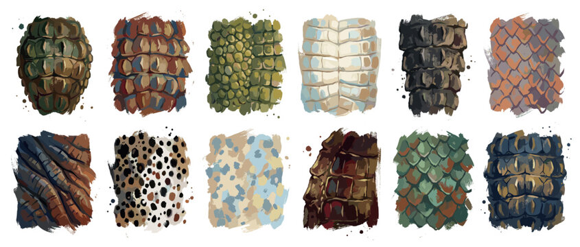 Animal skin texture icons set. Wildlife patterns and natural surfaces concept. Includes crocodile skin, snake scales, leopard spots, turtle shell, fish scales, elephant skin. Hand-drawn