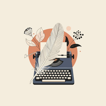 Vintage typewriter with decorative feather quill.