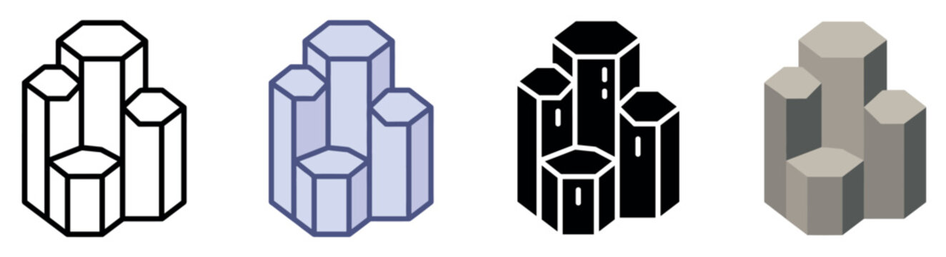 Hexagonal column icons set. Geological formations and crystal structures concept. Includes hexagonal columns, basalt rocks, crystal clusters, geometric pillars. Flat, line, solid, and