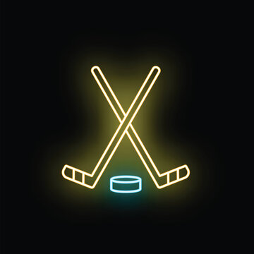Glowing neon hockey sticks crossing over a puck on a black background