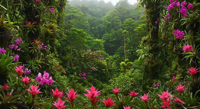 Lush Rainforest Valley with Vibrant Orchids and Bromeliads