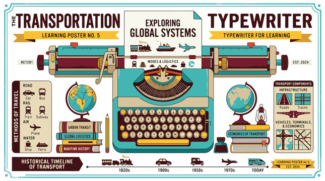 Vintage typewriter with educational travel posters.
