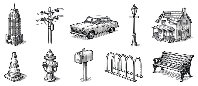 City and street objects icons set. Urban infrastructure and daily life concept. Includes skyscraper, utility pole, vintage car, street lamp, house, traffic cone, fire hydrant, mailbox,