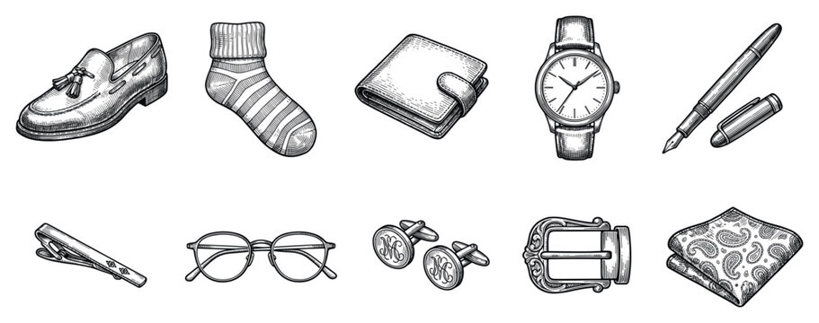 Men's accessories icons set. Classic fashion and style concept. Includes loafer shoe, striped sock, wallet, wristwatch, fountain pen, tie clip, eyeglasses, cufflinks, belt buckle, pocket