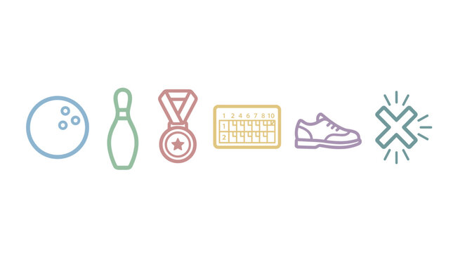 Bowling icons, pins, ball, shoe, medal, and score sheet represent the equipment, scoring, and achievement in this popular alley sport.