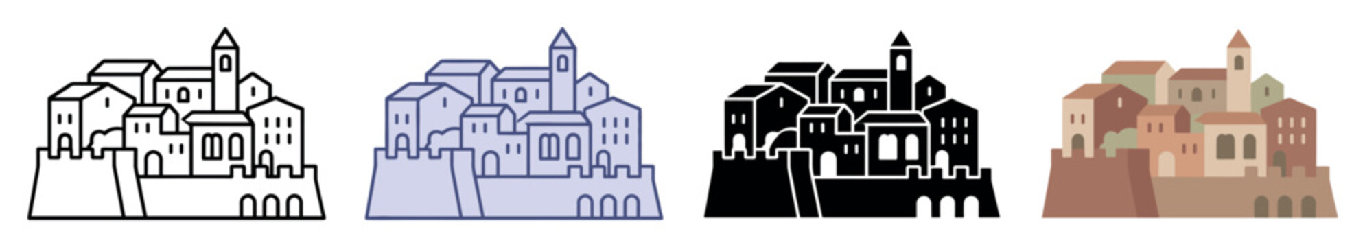 Medieval town icons set. Ancient city and architecture concept. Includes houses, church, bell tower, castle walls, arches, windows. Flat and line style