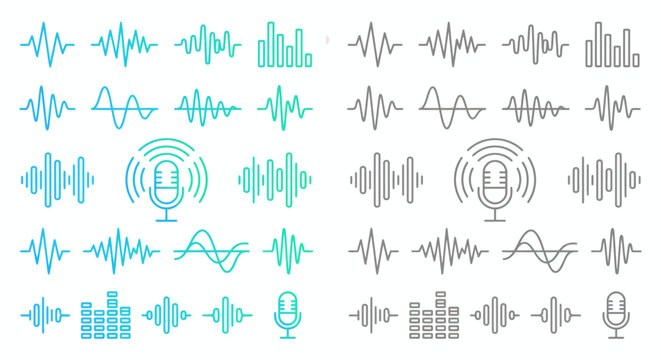 Audio sound wave signal and microphone symbols with music equalizer bars in blue and grey