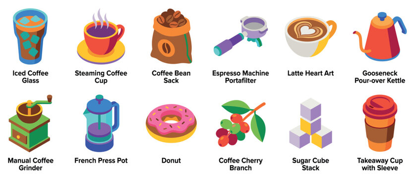 Coffee shop icons set. Cafe and beverage concept. Includes iced coffee, steaming cup, coffee bean sack, portafilter, latte art, kettle, grinder, French press, donut, coffee cherry, sugar