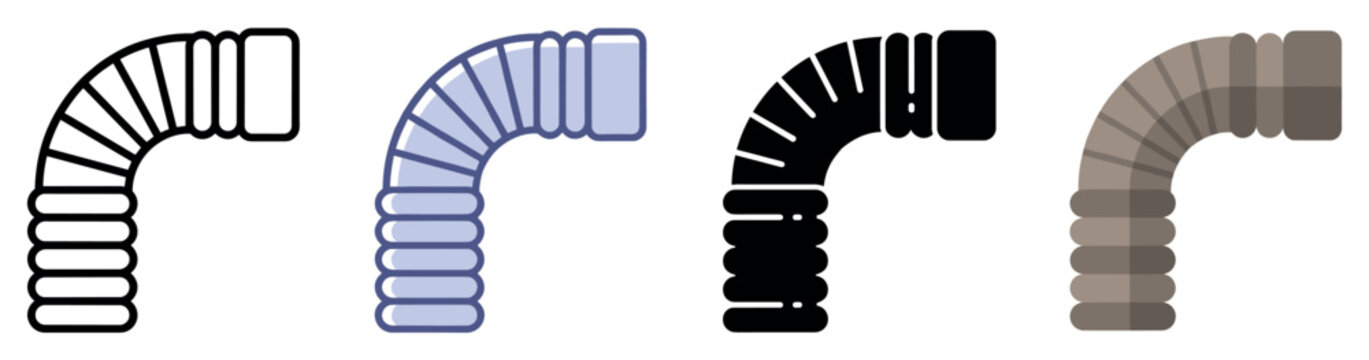 Flexible pipe icons set. Industrial and plumbing concept. Includes corrugated hose, curved tube, ventilation duct, drainage pipe, conduit, elbow pipe. Flat and line style