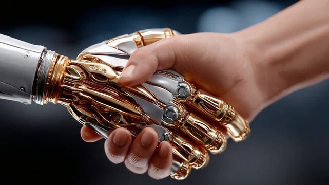 Handshake between Human and Robot: A close-up shot captures a human hand firmly shaking a sophisticated robotic hand, symbolizing collaboration and the future of technology.