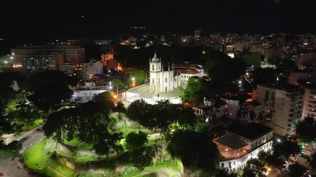 Gloria Church At Night In Rio De Janeiro Brazil. Church Landscape. Downtown Cityscape. Night City. Gloria Church In Rio De Janeiro Brazil. Tourism Landmark.