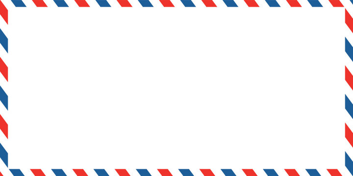 Airmail envelope frame with blue and red stripes on white background. International vintage letter border. Retro air mail postcard. Blank envelope.
