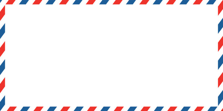 Airmail envelope frame with blue and red stripes on white background. International vintage letter border. Retro air mail postcard. Blank envelope.