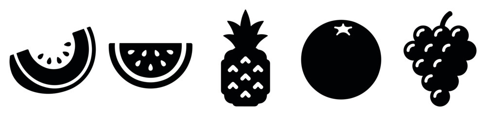 Obraz premium Fruit icons set. Healthy eating and fresh produce concept. Includes watermelon slice, pineapple, orange, grapes. Solid black silhouette style