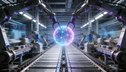 Fototapeta premium Grasping robotic arms converging on luminous wireframe sphere in industrial hall, with conveyors