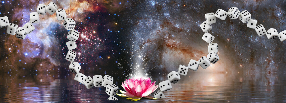 Dice are arranged in a swirling pattern above still water. A pink flower rests at the center. The background shows colorful galaxies and stars in the night sky.