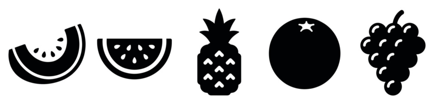Fruit icons set. Healthy eating and fresh produce concept. Includes watermelon slice, pineapple, orange, grapes. Solid black silhouette style