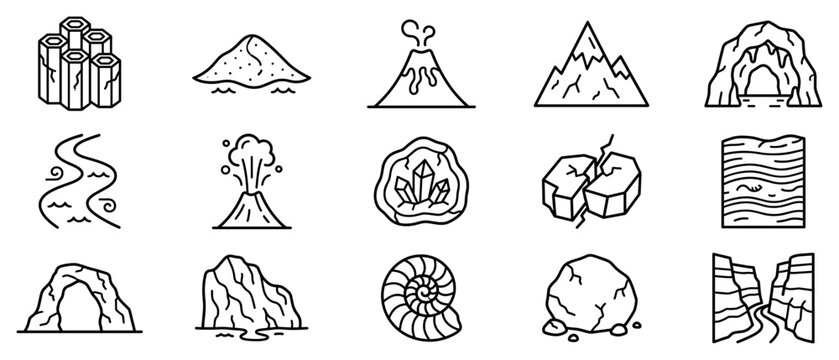 Geology and landform icons set. Earth science and natural landscape concept. Includes basalt columns, sand dune, volcano, mountain, cave, river, geode, broken rock, canyon. Line style