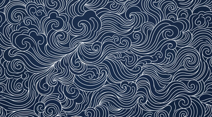Seamless pattern with stylized ocean waves in japanese style, traditional indigo blue and white line art © Saharia