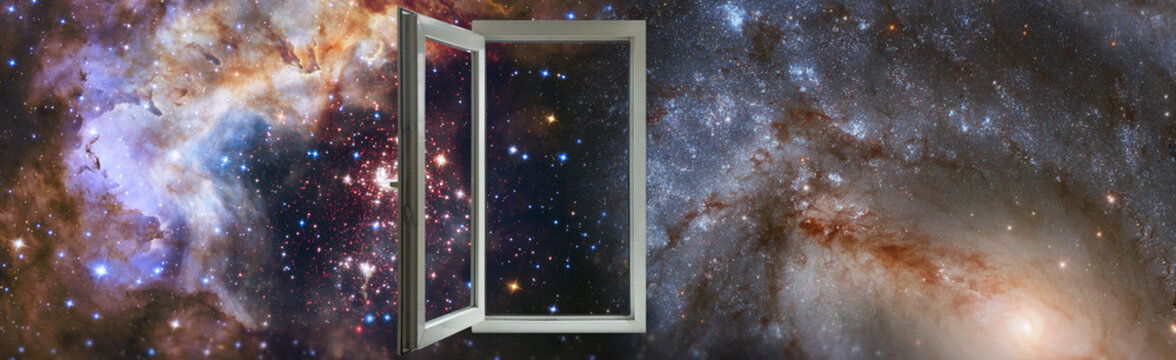 A window opens to a view of outer space filled with stars and galaxies. Bright colors and patterns create a scene of the universe. This captures the vastness of space with depth and detail.
