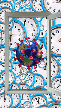 A window shows a globe surrounded by clocks. Red markers point to locations on the globe. Clocks cover the background. The scene suggests time and how it links to the world.