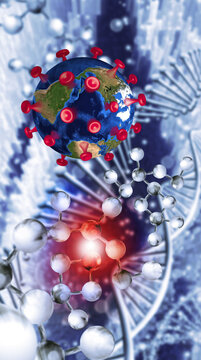 The scene shows a representation of the Earth surrounded by virus particles. DNA strands and molecular structures are also present.