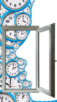 A window opens to a creative scene filled with many clocks showing different times. The clocks are arranged in a circular pattern around the window. This design emphasizes the concept of time.