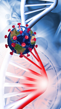 A graphic displays a DNA strand alongside a globe marked with virus symbols. This represents the connection between genetics and viral outbreaks. It highlights the global health situation.